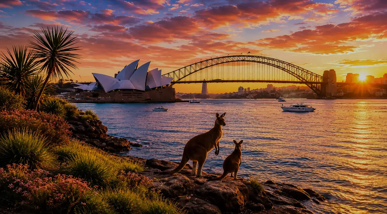 Sydney Harbour at sunset with kangaroos on the shoreline